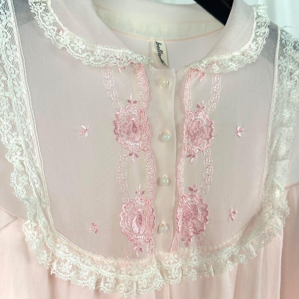 Vintage 60s Pink Sheer Nightgown | Belinda Lace Nylon Slip S/M - Picture 12 of 13